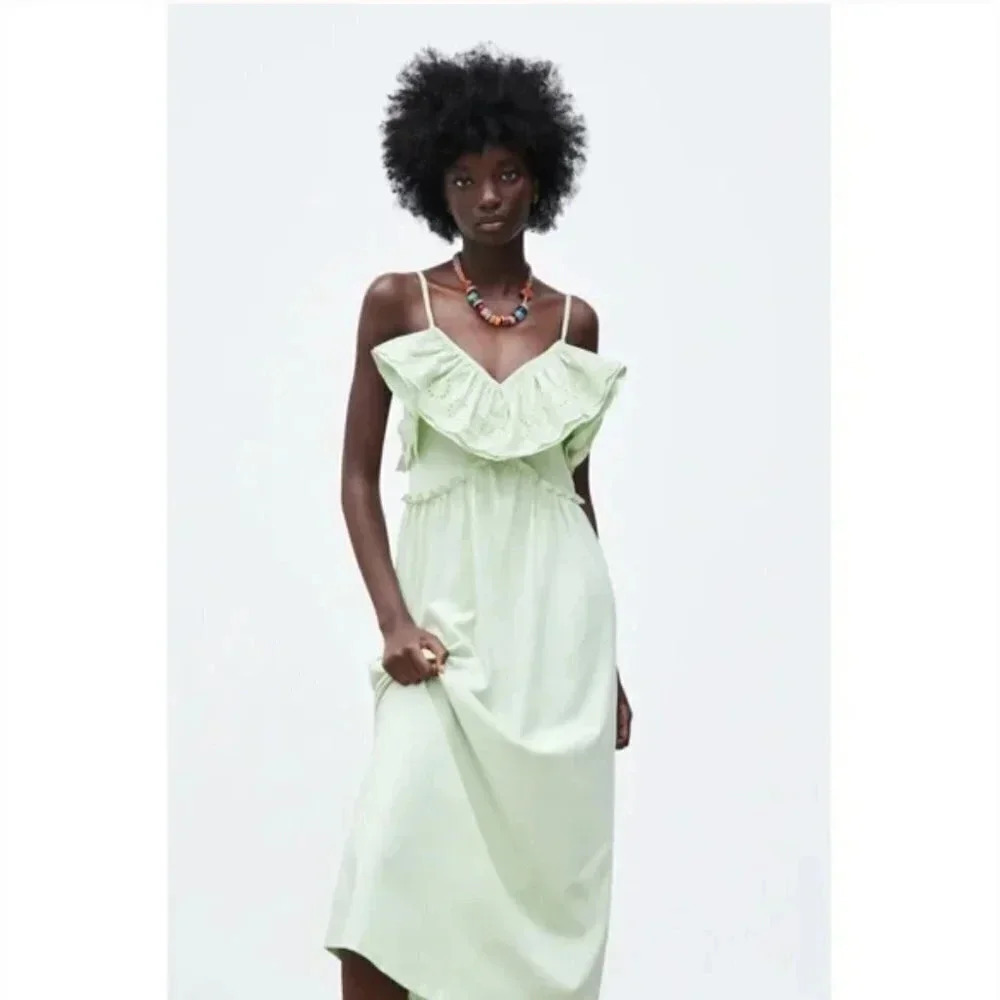 NWT Zara Midi Dress Ruffle Neck Green Size Small